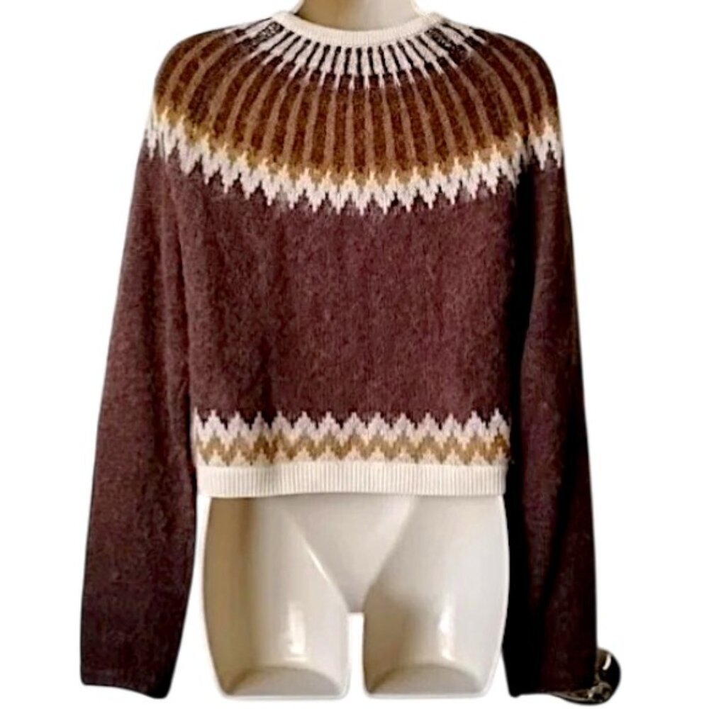 J Crew Brushed Yarn Fair Isle Cardigan Crop Sweater S Brown Cream Mohair - Picture 3 of 10